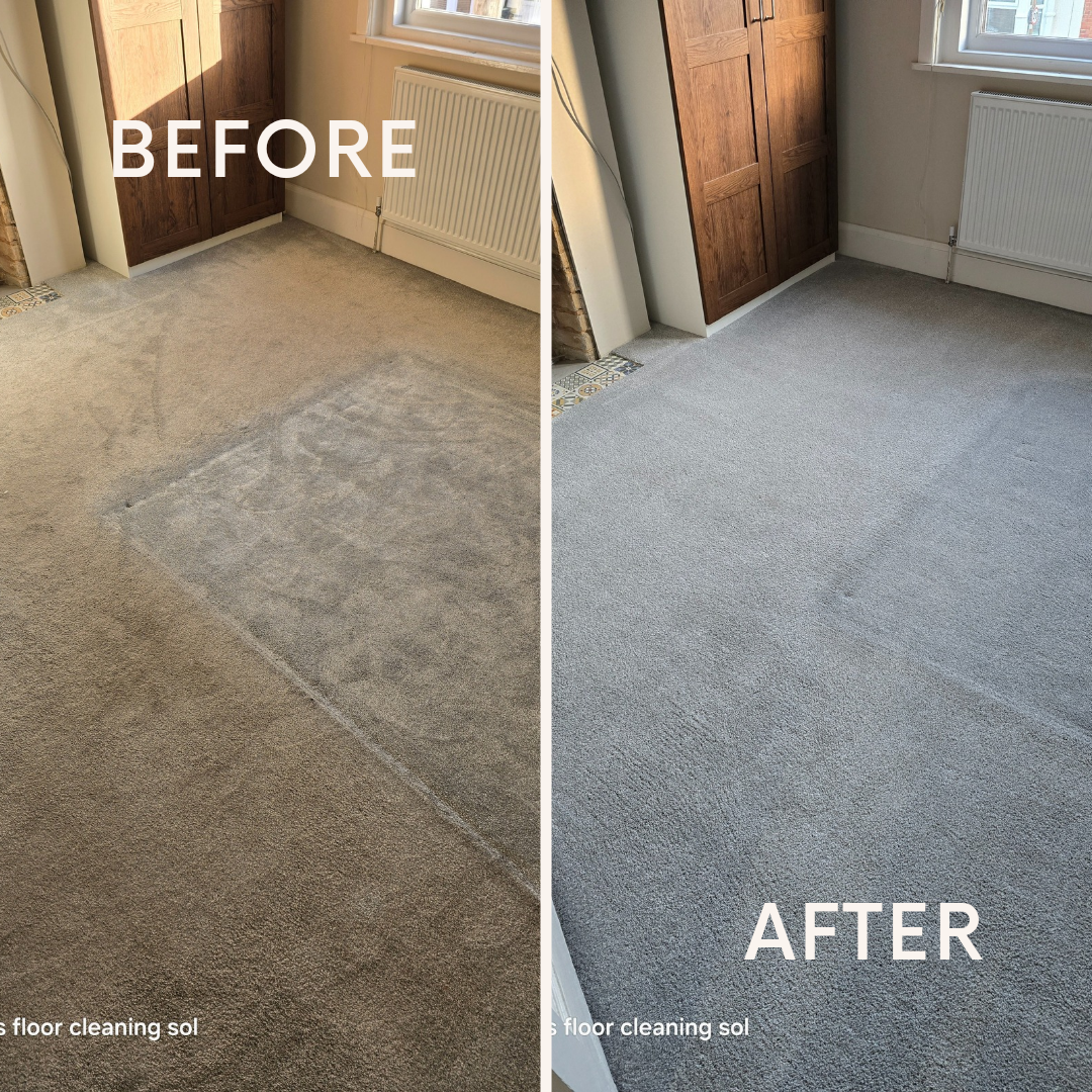 Before and after images of carpet cleaning in Portsmouth, showcasing a significant transformation in cleanliness and appearance.