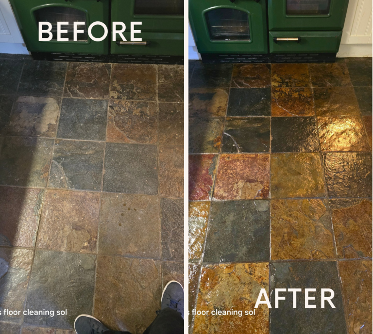 A kitchen floor comparison showing the dirty surface on the left and the spotless, shiny floor on the right after cleaning.