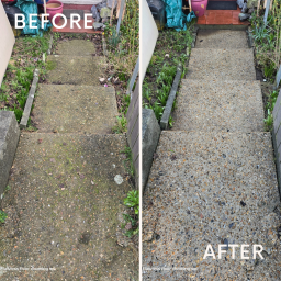  Before and after images showcasing the transformation of a concrete walkway in Portsmouth, highlighting improved aesthetics and condition.