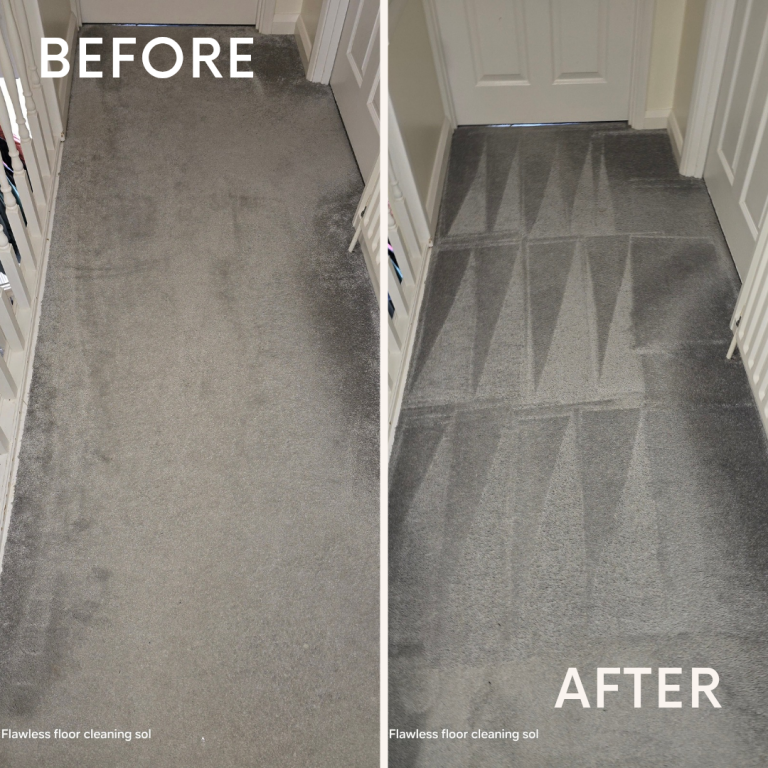 A comparison of a carpet before and after cleaning in Portsmouth, showcasing the significant difference in cleanliness and appearance.