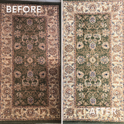 A side-by-side comparison of a rug, showcasing its dirty state on the left and a clean, vibrant appearance on the right.