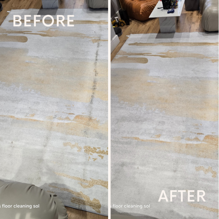 A side-by-side comparison of a stained rug before cleaning and a pristine carpet after professional rug cleaning in Portsmouth.