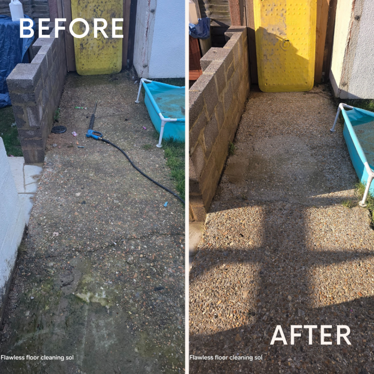 Comparative photos illustrating the renovation of a concrete walkway in Portsmouth, emphasizing the enhanced appearance.