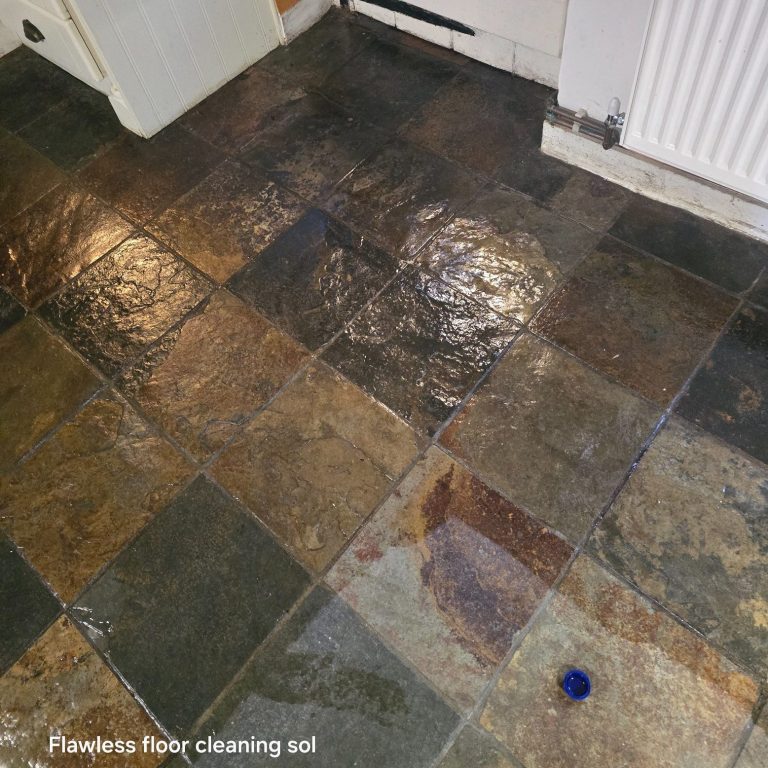 A freshly cleaned and sealed kitchen tile floor in Portsmouth, showcasing the floor's maintenance.