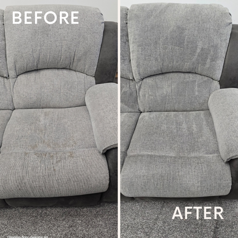 A side-by-side comparison of a recliner before and after a thorough cleaning, showcasing significant improvement in appearance.