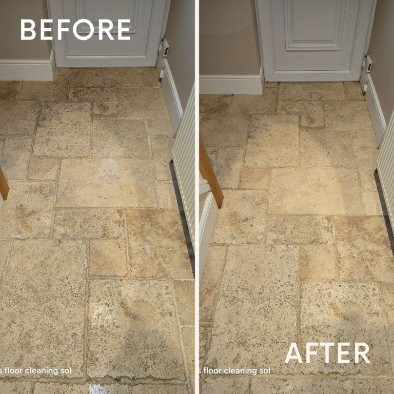 Before and after images showcasing a transformed tile floor, highlighting the dramatic improvement in appearance and cleanliness.